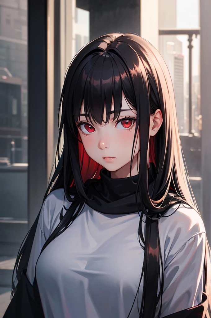 Best quality, masterpiece, ultra high res, (photorealistic:1.4), raw photo, 1girl, young, expressionless, portrait, black hair, long hair, bright red eyes, black hoodie, black t-shirt