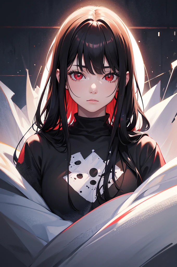 Optimal,masterpiece,High resolution,highest quality,Hyper HD,Very detailed,Award-winning,16k,alone,(Upper Body),Correct Anatomy,Beautiful Cyberpunk Girl,Upper Bodyの写真、Cute face,,Black Hair、Long Hair、Twin tails、Hairline,((Scarlet Eyes)),Long eyelashes,Drooping eyelids,White skin,((Shoot from the front:1.5)), ((Tight black t-shirt:1.5)), ((Clock Top:1.5))、See-through、Rocket , (Large Breasts),