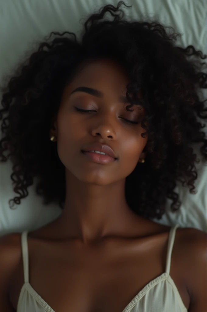 Draw a dark-skinned person with a relaxed expression on his face. She has curly and loose hair.