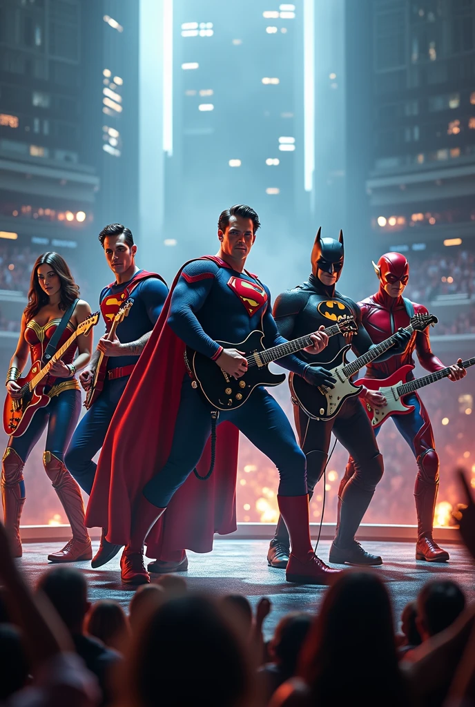 Spider man ,Superman, Batman, Wonder Woman , flash, superheroes playing instruments at a rock concert,rock band style