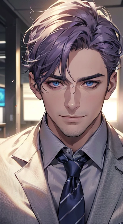 (best quality,4k,8k,highres,masterpiece:1.2),ultra-detailed,(realistic,photorealistic,photo-realistic:1.37),1 man,3,mature man,very handsome,without expression,smile,short grey purple hair,blue eyes,penetrating gaze,perfect face without errors,imposing posture,businessman,office background,cinematic lighting,hdr image
