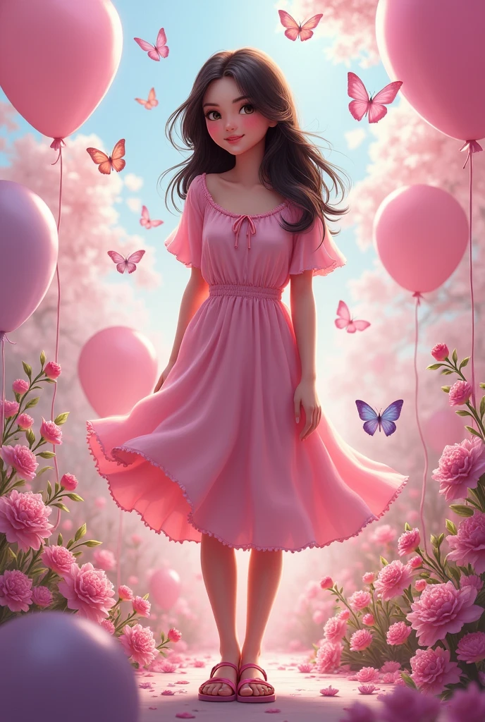 Realistic one Pinay girl semi chubby with dress pink with sandals with flowers baloons butterflies