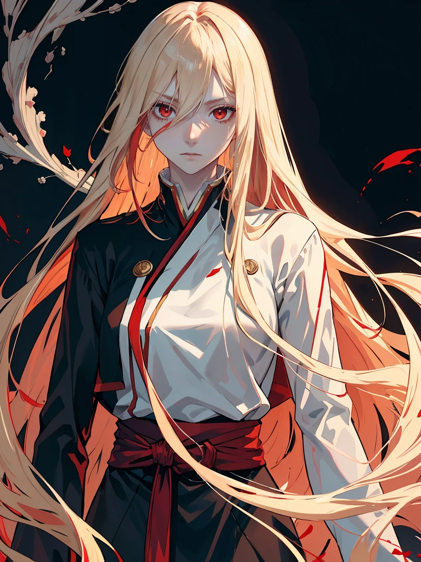 handsome girl，dark red-eyes，red pupils，Long pale blonde hair，Hyperresolution，accuracy，Detailed rendering，（Subtle facial image）（Image of fine hair）（topquality）（Masterpieces of masters）（High degree of completeness）（A sense of atmosphere）tmasterpiece，Super detailed and super detailed（half-body portrait）Bleach OC character, long pale blonde hair with red streaks, face scar, red eyes, long straight hair, ankle length straight hair, bleach lieutenant, wearing a Shihakushō, bored expression,