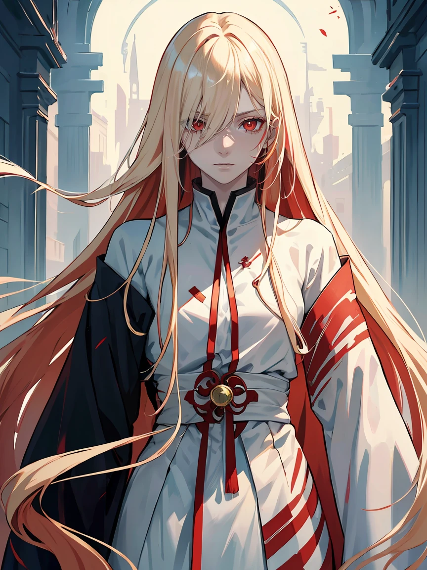 handsome girl,dark red-eyes,red pupils,Long pale blonde hair,Hyperresolution,accuracy,Detailed rendering,(Subtle facial image)(Image of fine hair)(topquality)(Masterpieces of masters)(High degree of completeness)(A sense of atmosphere)tmasterpiece,Super detailed and super detailed(half-body portrait)Bleach OC character, long pale blonde hair with red streaks, face scar, red eyes, long straight hair, ankle length straight hair, bleach lieutenant, wearing a Shihakushō, bored expression,