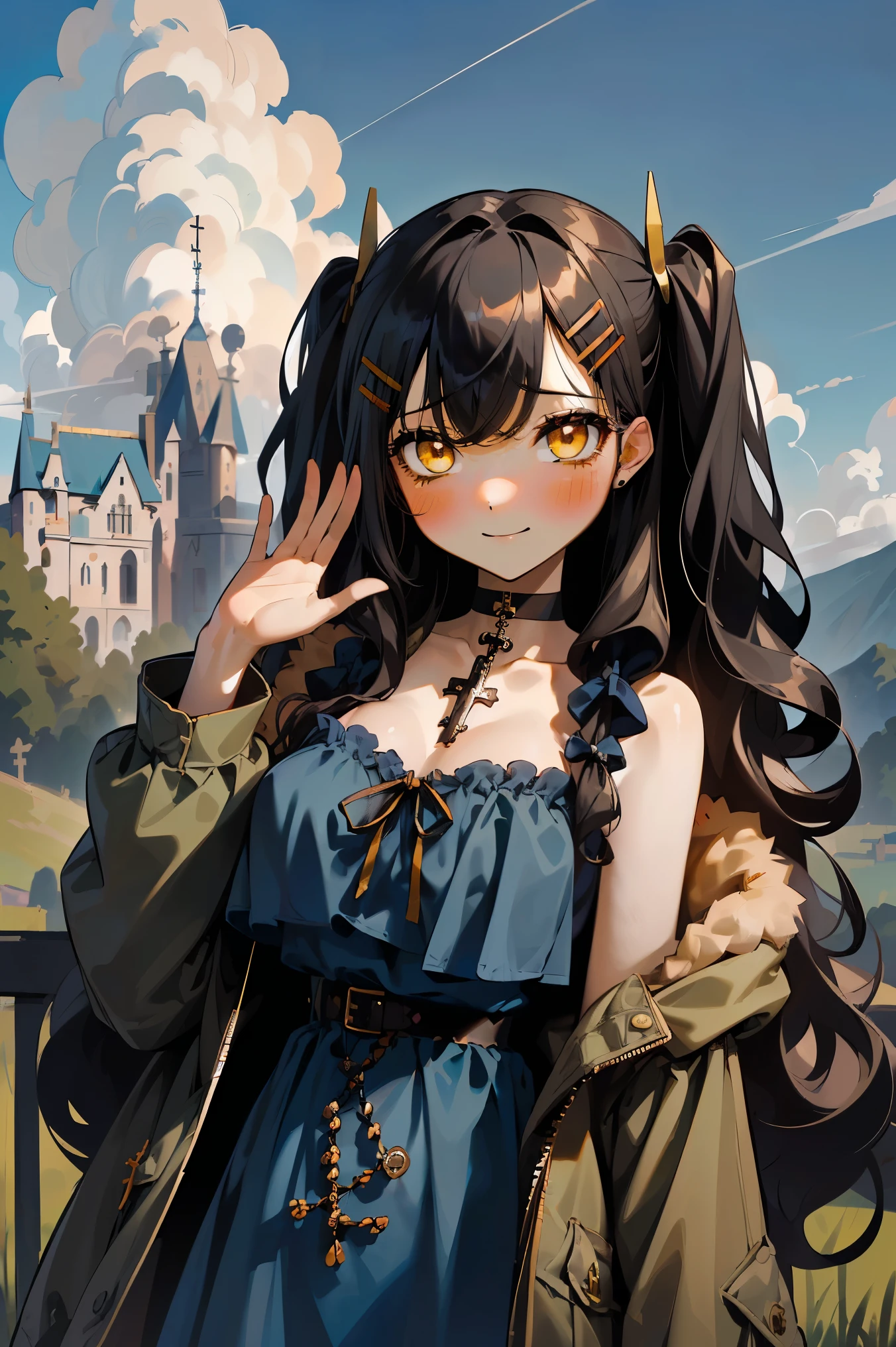 (masterpiece:1.2), (high quality:1.2), girls with((1girl, solo, black hair, yellow eyes, (wavy long hair, one side up, hairclips:1.3), blush, breasts, choker, cleavage, coat, cowboy shot, blue lace dress, camisole, ribbon waist belt, black ribbon belt, red bow, red ribbon, neck ribbon, collar, collarbone, rosary, rosary choker, cross, fur, fur trim, parka, khaki hoodie, green hoodie, khaki jacket, hood down, hooded coat, hooded jacket, hoodie, jacket, large breasts, long sleeves, medium breasts, open clothes, open coat,open hoodie, sleeveless, winter clothes, zipper, cleavage, upper body, hand up, waving, palm)), background with((architecture, blue sky, bush, castle, village, no humans, cloud, cloudy sky, day, field, garden, grass, hill, house, lamppost, landscape, mountain, mountainous horizon, nature, no humans, outdoors, scenery, shrine, sky))