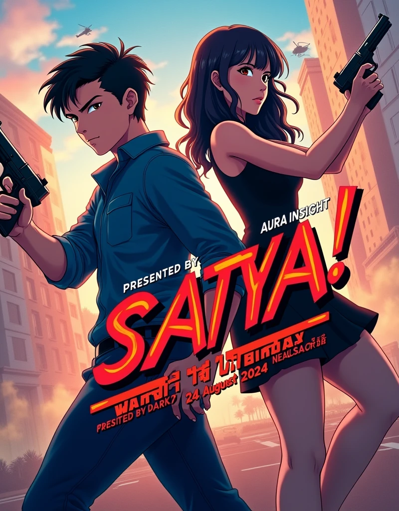 CREATE A ANIME STYLE MOVIE POSTER. Movie poster with a dynamic and action-packed style. The layout features two central figures, a man and a woman, standing closely together. The man has a light skin, and short, styled black hair, wearing a blue shirt with rolled-up sleeves and jeans, holding a gun in his right hand. The woman has long, wavy dark hair, light skin, and is dressed in a black, sleeveless dress with a short hemline, also holding a gun in her left hand. Both have intense facial expressions. The background includes a helicopter and a cityscape, suggesting an action setting. The title 'SATYA!' is prominently displayed in bold, yellow and red letters with a slight tilt, positioned at the bottom left. Additional text includes 'AURA INSIGHT' in yellow, 'PRESENT BY DARK7 ' in white, and the release date '24 AUGUST 2024' in large, white letters at the bottom center. The overall color scheme is vibrant, with a mix of warm and cool tones.
