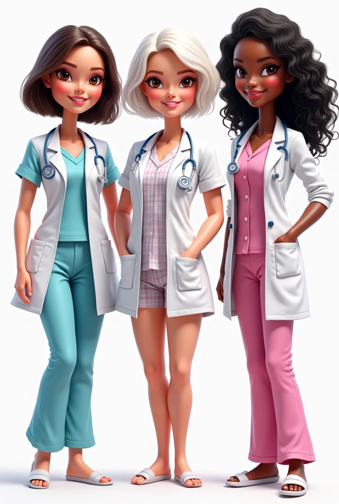 Create 3 Barbie-type caricatures with medical pajamas and a doctor's coat, one of them being a 40-year-old woman with short brown hair and a medium-chubby body. , brown eyes, the other one has short white hair, brown eyes and the other one has long black curly hair and black eyes ,adult women