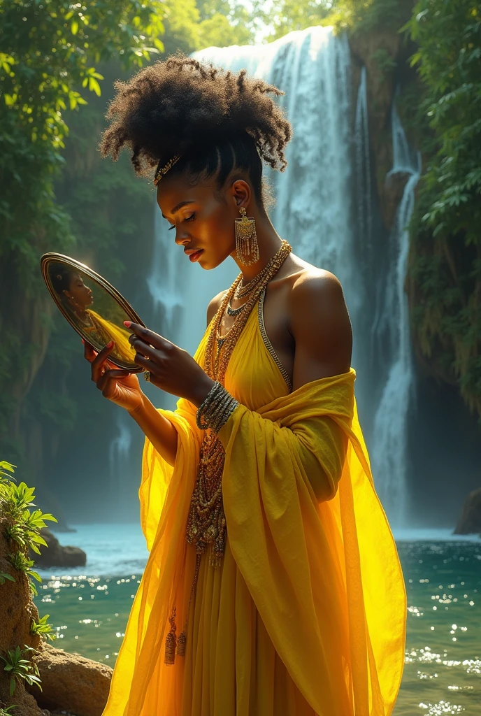 Female Orisha Oxum of Afro religion with mirror in hand in yellow clothing at freshwater waterfalls
