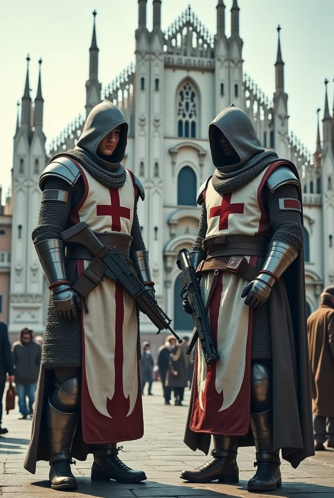 Two modern soldiers merging with Templar armor , gray steel chainmail uniform , modern hood modern white vest with a red templar cross,modern military boots gun in hand with a huge catholic cathedral in the background with civilians walking nearby