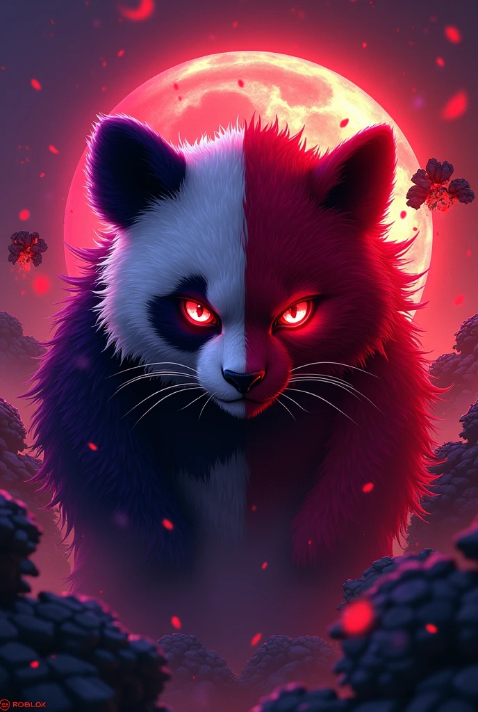 Logo for my group with intense colors of red and purple, like a panda and a cat in anime, creating a roblox game with block explosions, with the red-eyed, purple-furred panda, and the red cat with red eyes. The purple and red background with a Chinese theme, anime way, legendary legend god mode hacker ultra instinct