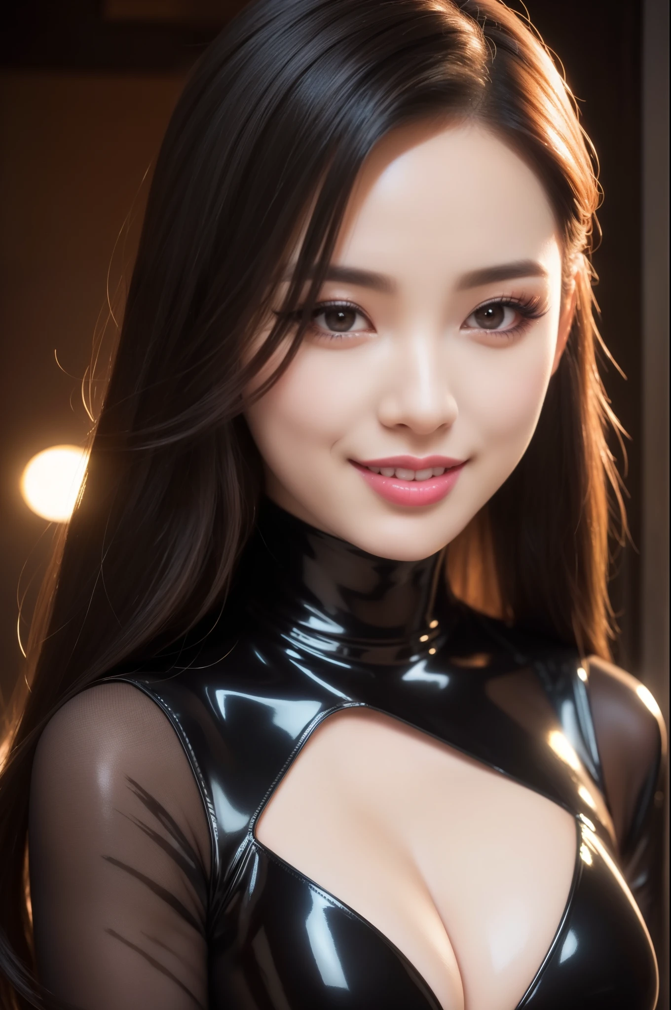 a beautiful detailed sexy stylish female idol,realistic glossy lipstick,extremely detailed smiling face,extremely detailed defined eyebrows,extremely detailed natural makeup,long eyelashes,full body,lesbian,wearing a sheer latex bodysuit,colorful hair,photorealistic,cinematic lighting,high quality,masterpiece,8k,ultra-detailed