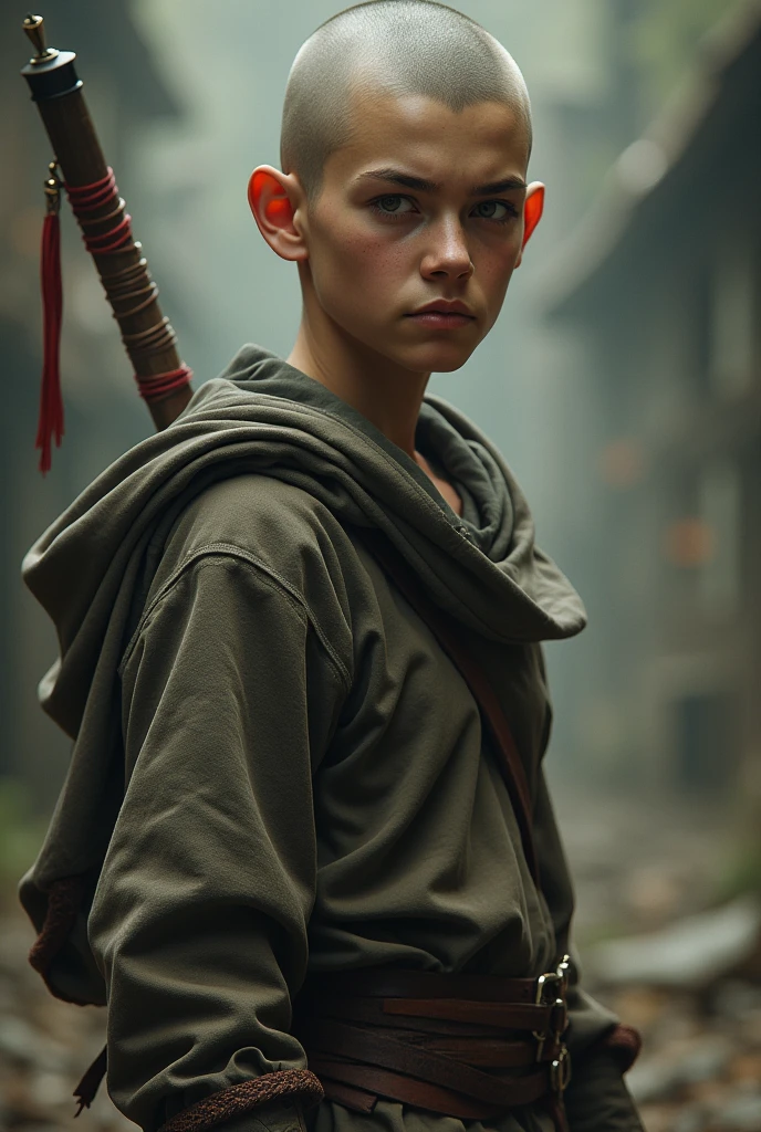 adolescent, , 1,79 tall, 78 kilos, shaved hair, Caucasian skin, plain clothes and brown eyes, Demon Slayer style.
