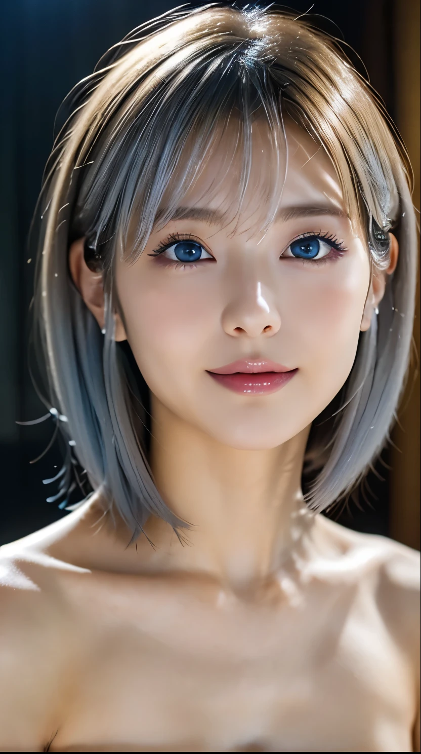((Close-up of face:1.4))、((Naked Women:1.4))、((No underwear:1.4))、((Blue eyes and silver hair:1.5))、(Highest quality、Tabletop、8k、Best image quality、Award-winning works)、(One Girl, :1.3)、(Perfect naked beautiful girls:1.5)、(A woman with very beautiful make-up:1.5)、Perfect Makeup、Long eyelashes、Ultra HD Shining Eyes、Ultra HD Hair、Ultra-high resolutionのグロッシーな唇、Ultra-high resolution perfect teeth、Ultra HD cute face、Light brown hair:1.4、(Very short straight hair:1.1)、Look at me and smile、[clavicle]、Accurate ???????、(Bust up photo:1.5)、Luxury Love Hotel、(The most atmospheric and warm lighting:1.2)、Blurred Background、With bangs、Ultra-high resolution, Shiny, Moisturized face、Ultra-high resolutionの輝く肌、The most detailed face、Ultra-high resolution detailed face、Ultra-high resolutionの髪、Ultra-high resolutionの輝く瞳、Beautiful face drawn in every detail、Ultra-high resolutionのグロッシーリップ