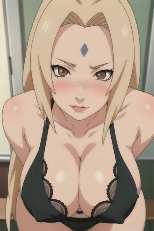 Portraiture, alone focus, alone, close, View your viewers, (Lips parted:1.2), (sunlight, bright, sunlight:1.2),((Tsunade)), 1 person,1 person ,((Tsunade milf physique)),(Forehead mark ), Long Hair, Blonde, eye,Hair Clip, eye, smile, from the front,(Posing in the office),Huge breasts,Thick thighs,((Sharp details High resolution body parts Perfect body parts )),(((Blushing、Blushing、Red nose、Blushing、Blushing ))),(Sad expression),((1 person)),(alone), (Black lace lingerie), ((Front view)),((The distance between the viewers is long)),((Are standing))