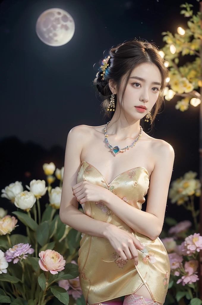 (((best quality))),(((ultra detailed))),(((masterpiece))),illustration,((1 beautiful girl,solo)),(neat chignon:1.2),((earrings,crystal necklace)),((slim,thin)),((small breasts,flat chest)),(slender legs:1.2),(stockings:1.3),(a moon in the clear night sky as the background:1.3), gentle glow,(Standing in the world full of vibrant flowers:1.3),(gorgeous Chinese dress:1.3),sparkling eyes,graceful,(surrounded by crowded colorful flowers:1.5), kaleidoscope, shimmer,bright moonlight, delicate petals, fragrance, otherworldly, magical realm, enchantment, tranquility, essence of beauty, peace,(outdoor:1.),(night scene:1.3),((from front,upper body))