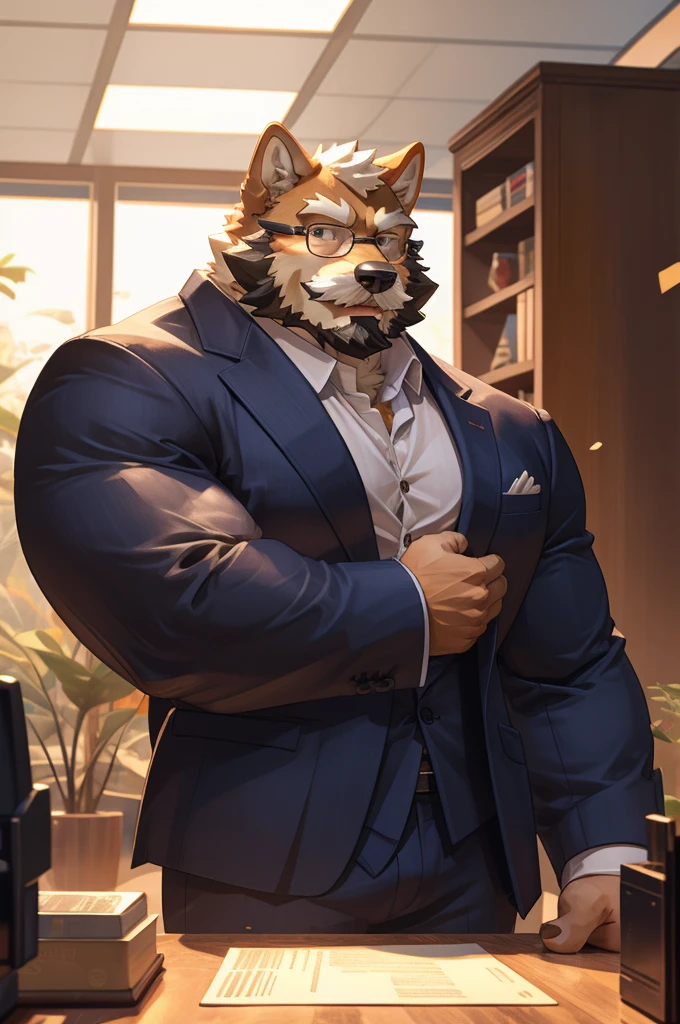 1boy, 1man, solo, a (furry Shiba Inu) standing, flexing muscle,(face, detailed face, bearded, white beard, thick mustache, glasses), office, massive muscular , sixpack, (suits), well-muscled old man. ((thick arms, huge pec, huge arms)), wide smiling. Add textures and details to make the image more realistic, such as the appearance of the. Make sure the resulting image is high resolution, 8K quality