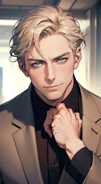 (best quality,4k,8k,highres,masterpiece:1.2),ultra-detailed,(realistic,photorealistic,photo-realistic:1.37),1 man,3,mature man,very handsome,without expression,smile,short grey golden hair,blue eyes,penetrating gaze,perfect face without errors,imposing posture,businessman,office background,cinematic lighting,hdr image