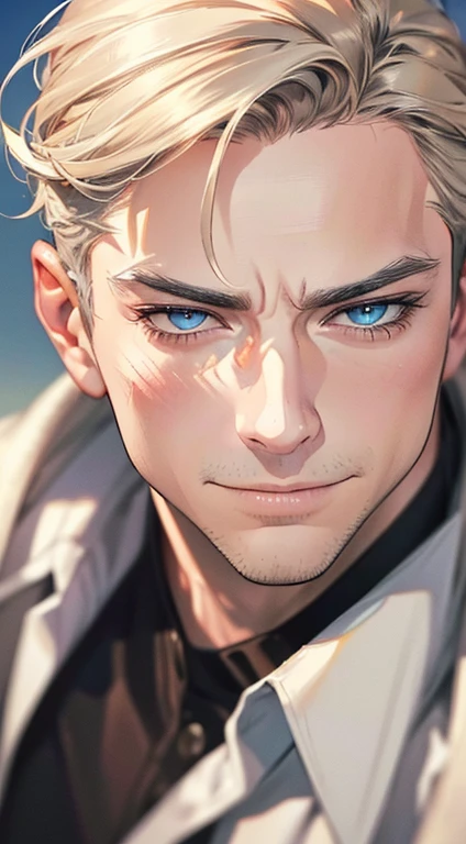 (best quality,4k,8k,highres,masterpiece:1.2),ultra-detailed,(realistic,photorealistic,photo-realistic:1.37),1 man,3,mature man,very handsome,without expression,smile,short grey golden hair,blue eyes,penetrating gaze,perfect face without errors,imposing posture,businessman,office background,cinematic lighting,hdr image