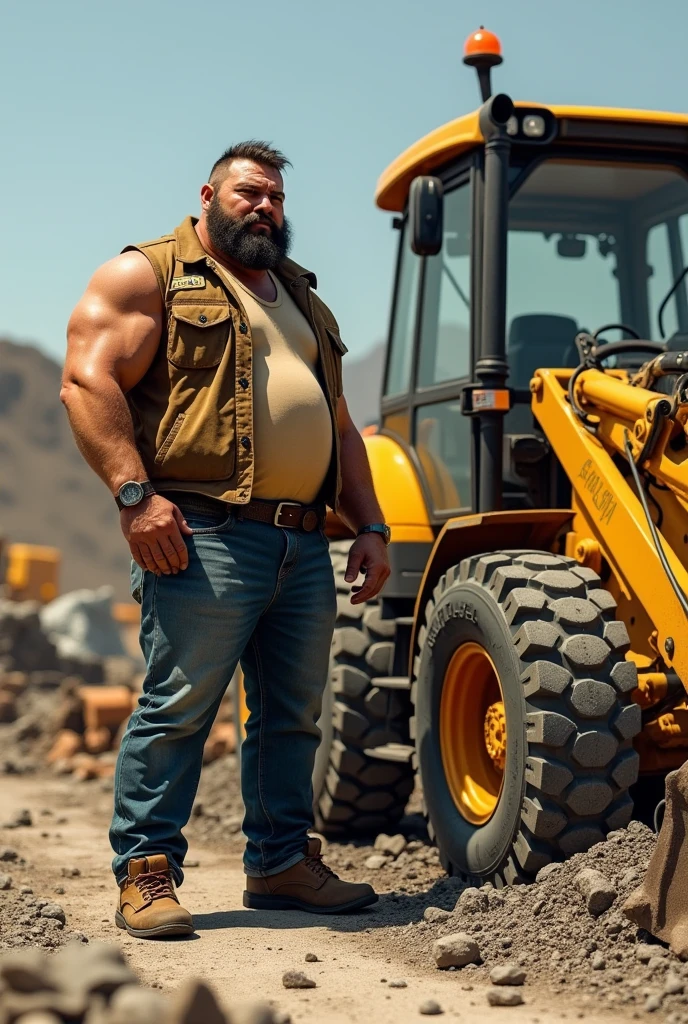 A small, strong man next to a small model wheel loader