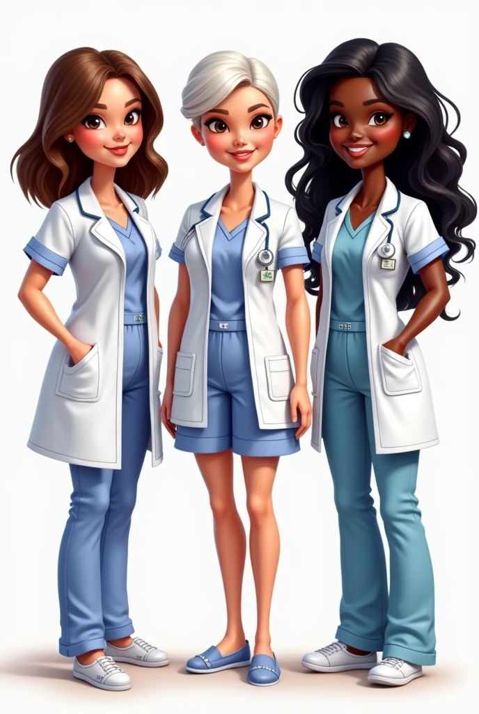 Create 3 Barbie-type caricatures with medical pajamas and a doctor's coat, one of them being a 40-year-old chubby lady with short brown hair and a medium-sized body. , brown eyes, the other one has short white hair, brown eyes and the other one has long black curly hair and black eyes ,adult women