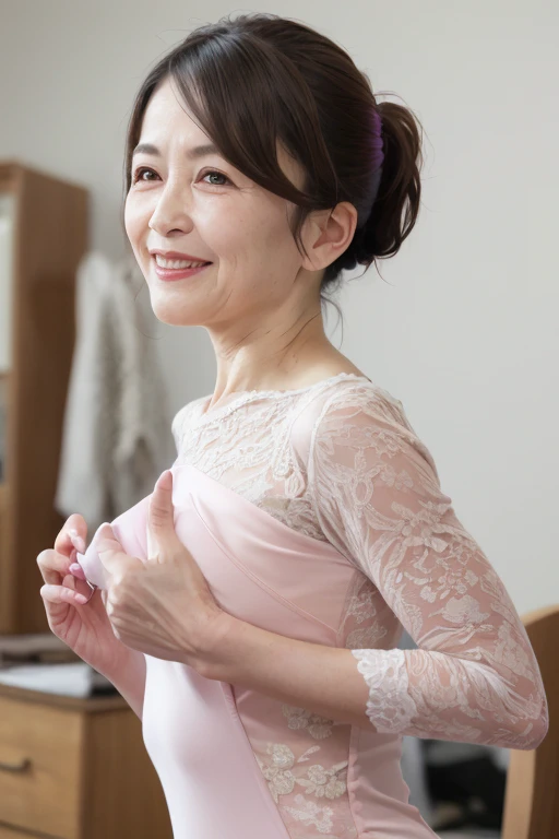 ((Japanese Mature)), ((5:1.4)), ((old woman:1.3)), Small breasts, Beautiful breasts, Detailed eyes and face, Long eyelashes, Beautiful Lips, Feel the warmth and elegance, There are fine wrinkles, A light smile, Mystical Eyes, Expressive eyes, Beautiful Skin, A look full of experience and knowledge, A graceful and confident demeanor, leotard, Beautiful hair ornaments, Pale pink cheeks, Soft Light, Pale pink walls, High quality photos, Vibrant colors, Bokeh effect, Delicate depiction, whole body, short hair, Low Ponytail, Red lipstick, sexy, Nipples