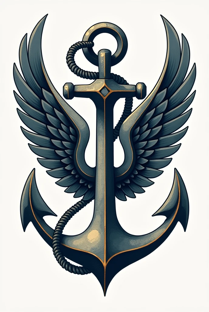 “A logo design featuring a classic ship’s anchor with majestic wings attached to it. The anchor should have a metallic, weathered appearance, while the wings are sleek, dynamic, and bird-like in their design. The overall composition should convey a sense of power, movement, and nautical adventure. Use a color palette that evokes a vintage, nautical feel, such as blues, grays, and golds. The logo should have a timeless, heraldic quality that would look great on branding, stationery, or maritime-themed merchandise.”