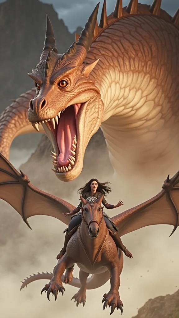 Dragon féroce et fille brune qui le chevauche