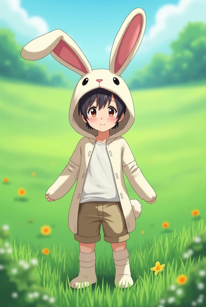 male with shorts and white shirt and rabbit costume in a green field anime