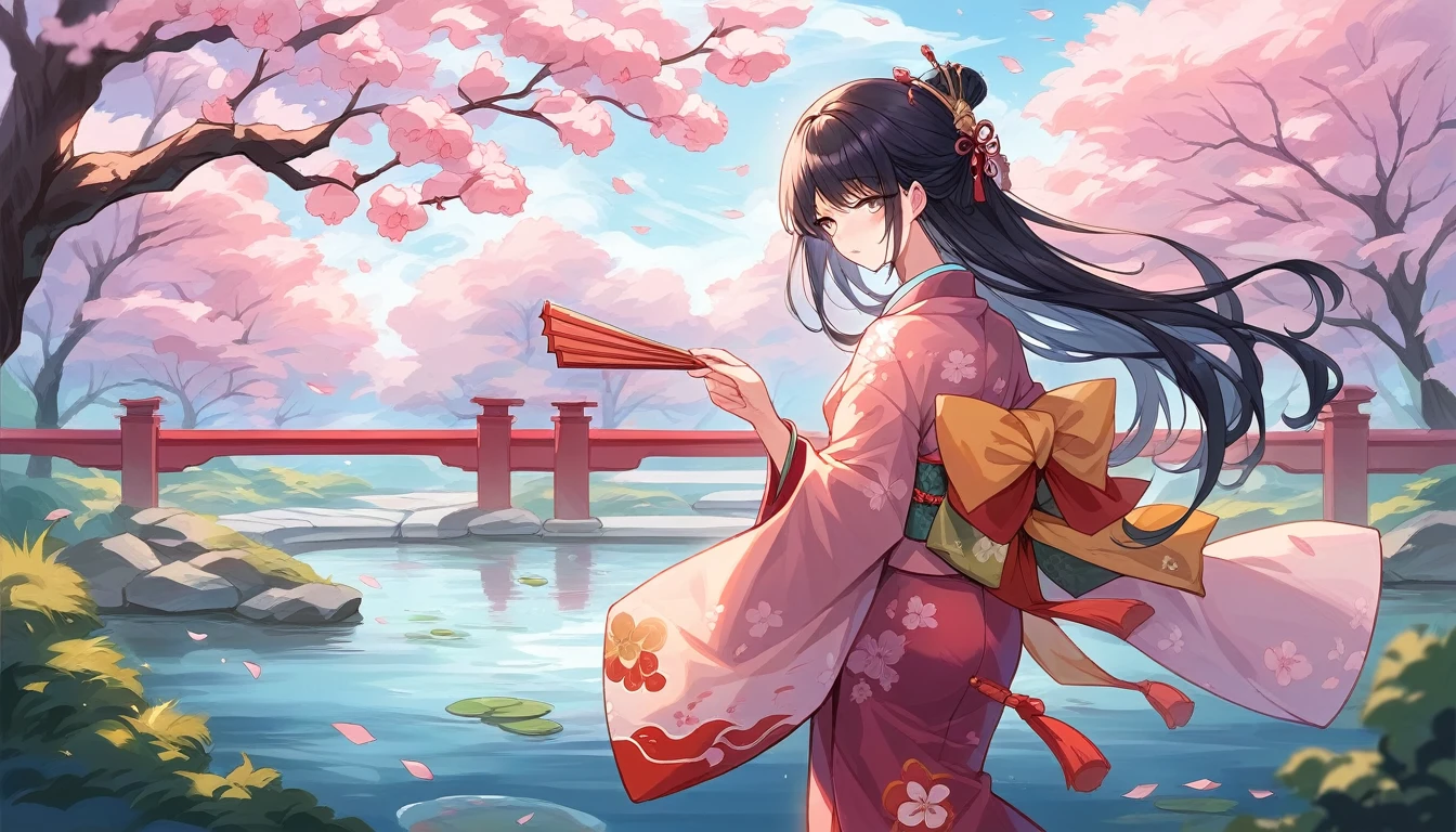  A 1 girl from the Heian period, standing gracefully in a traditional Japanese kimono with long, flowing black hair. She has a serene expression and is holding a small, delicate fan. The background is a classical Heian-era garden with a pond, cherry blossoms, and a traditional wooden bridge. A 1 girl from the Heian period, standing gracefully in a traditional Japanese kimono with long, flowing black hair. She has a serene expression and is holding a small, delicate fan. The background is a classical Heian-era garden with a pond, cherry blossoms, and a traditional wooden bridge.