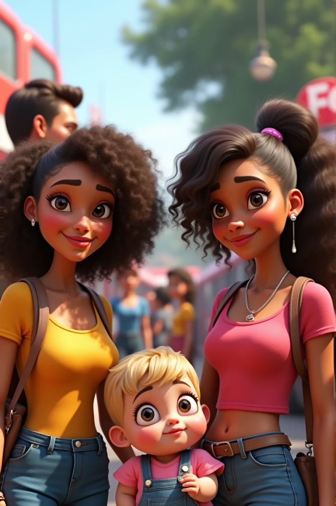 DESCRIBE IN 3D PIXAR STYLE, A COUPLE BRUNETTE WOMEN, LONG AND VERY CURLY BROWN HAIR, without bangs, WITH WHITE STRAND IN THE FRONT OF THE HAIR.
BIG BROWN AND ROUND EYES, full eyelashes.
thick lips avermelhados, dark skin round and wide face.
21 year old white boy, Light brown bun hair, small brown eyes, thin goatee, thick lips, thin face, with black and white sweatshirt.
With a child, light brunette, eyes large, chubby pink lips, in pink and light blue overalls, holding a doll.
In a bus station style environment.