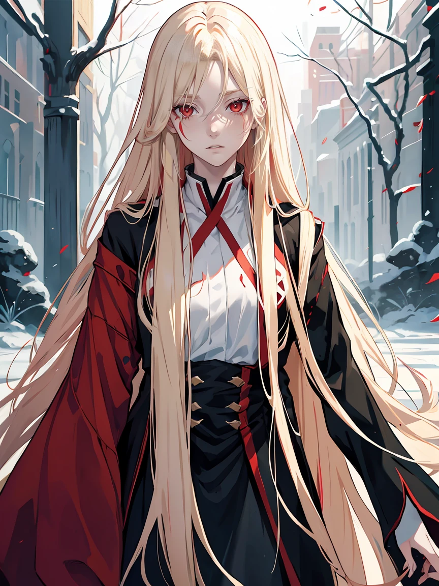 handsome girl，dark red-eyes，red pupils，Long pale blonde hair，Hyperresolution，accuracy，Detailed rendering，（Subtle facial image）（Image of fine hair）（topquality）（Masterpieces of masters）（High degree of completeness）（A sense of atmosphere）tmasterpiece，Super detailed and super detailed（half-body portrait）Bleach OC character, long pale blonde hair with red streaks, face scar, red eyes, long straight hair, ankle length straight hair, bleach lieutenant, wearing a Shihakushō, bored expression,