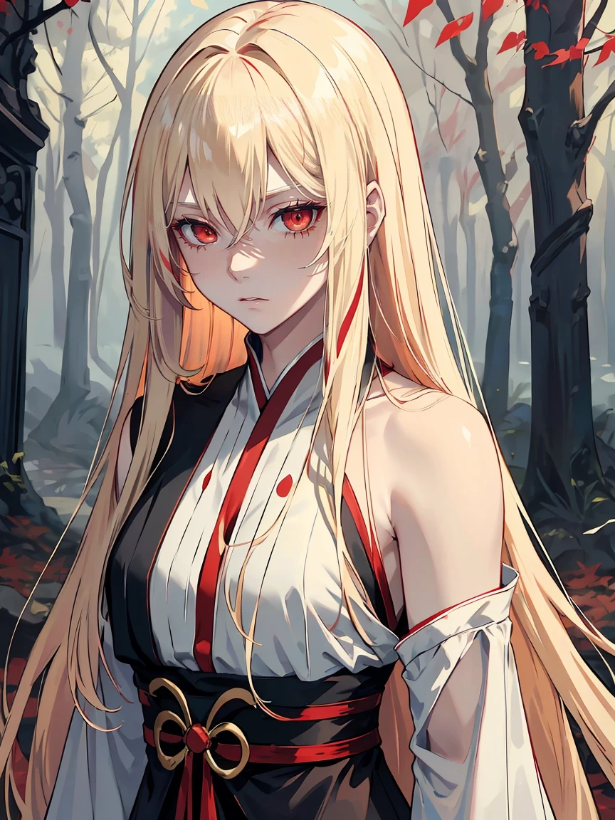 handsome girl，red-eyes，red pupils，Long blonde hair，Hyperresolution，accuracy，Detailed rendering，（Subtle facial image）（Image of fine hair）（topquality）（Masterpieces of masters）（High degree of completeness）（A sense of atmosphere）tmasterpiece，Super detailed and super detailed（half-body portrait）Bleach OC character, long blonde hair, face scar, red eyes, long straight hair, ankle length straight hair, bleach lieutenant,