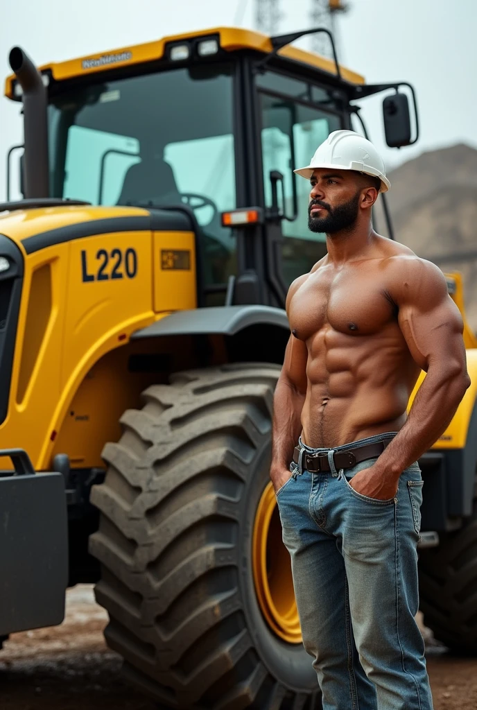 A strong man next to a New Holland L220 wheel loader