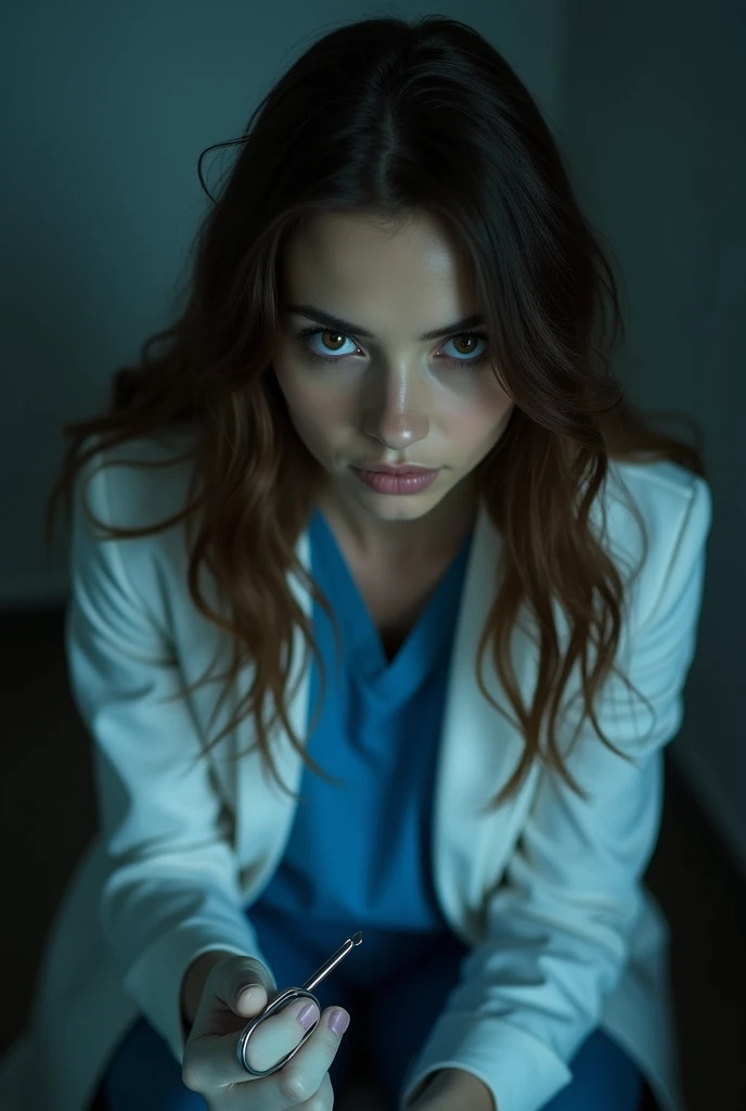 Female, brown hair, wearing orthodontic clothes , wearing braces. wearing braces. Looking down at you from a low angle almost as if examining you. dark background. Doctor attire. Holding scalpel and small mouth mirror. Wearing gloves. Wears braces. Long brown hair over shoulders. dark menacing black lighting. Dentist, scary dentist, dark theme, wearing a white suit, wearing blue dentist scrubs, blur around the edges of the image, highest quality, highres, masterpiece