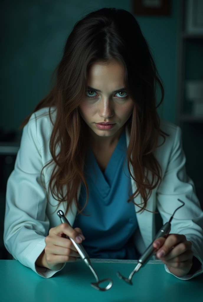 Female, brown hair, wearing orthodontic clothes , wearing braces. wearing braces. Looking down at you from a low angle almost as if examining you. dark background. Doctor attire. Holding scalpel and small mouth mirror. Wearing gloves. Wears braces. Long brown hair over shoulders. dark menacing black lighting. Dentist, scary dentist, dark theme, wearing a white suit, wearing blue dentist scrubs, blur around the edges of the image, highest quality, highres, masterpiece
