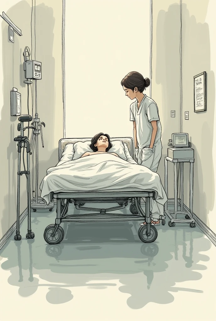 a room with a hospitalized patient on a stretcher, crutches and a walker at the side of the patient's bed and a nurse , that looks like a drawing made by a person