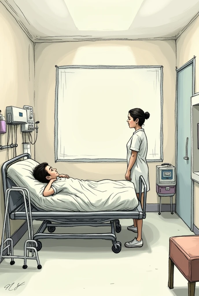 a room with a hospitalized patient on a stretcher, crutches and a walker at the side of the patient's bed and a nurse , that looks like a drawing made by a person