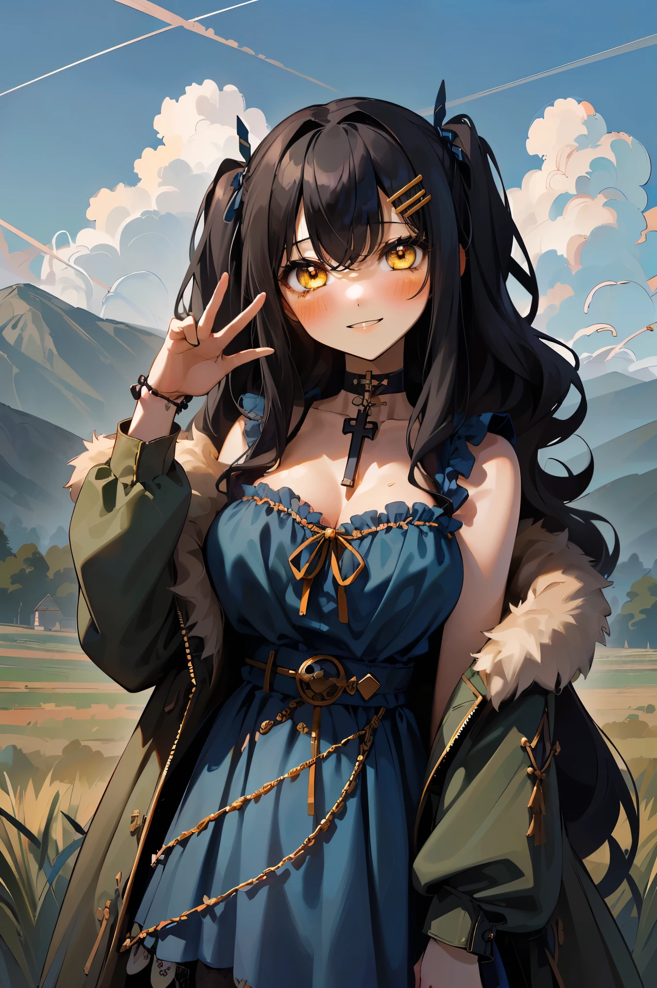 (masterpiece:1.2), (high quality:1.2), girls with((1girl, solo, black hair, yellow eyes, (wavy long hair, one side up, hairclips:1.3), blush, breasts, choker, cleavage, coat, cowboy shot, blue lace dress, camisole, ribbon waist belt, black ribbon belt, red bow, red ribbon, neck ribbon, collar, collarbone, rosary, rosary choker, cross, fur, fur trim, parka, khaki hoodie, green hoodie, khaki jacket, hood down, hooded coat, hooded jacket, hoodie, jacket, large breasts, long sleeves, medium breasts, open clothes, open coat,open hoodie, sleeveless, winter clothes, zipper, cleavage, upper body, hand up, waving, palm)), background with((architecture, blue sky, bush, castle, village, no humans, cloud, cloudy sky, day, field, garden, grass, hill, house, lamppost, landscape, mountain, mountainous horizon, nature, no humans, outdoors, scenery, shrine, sky))