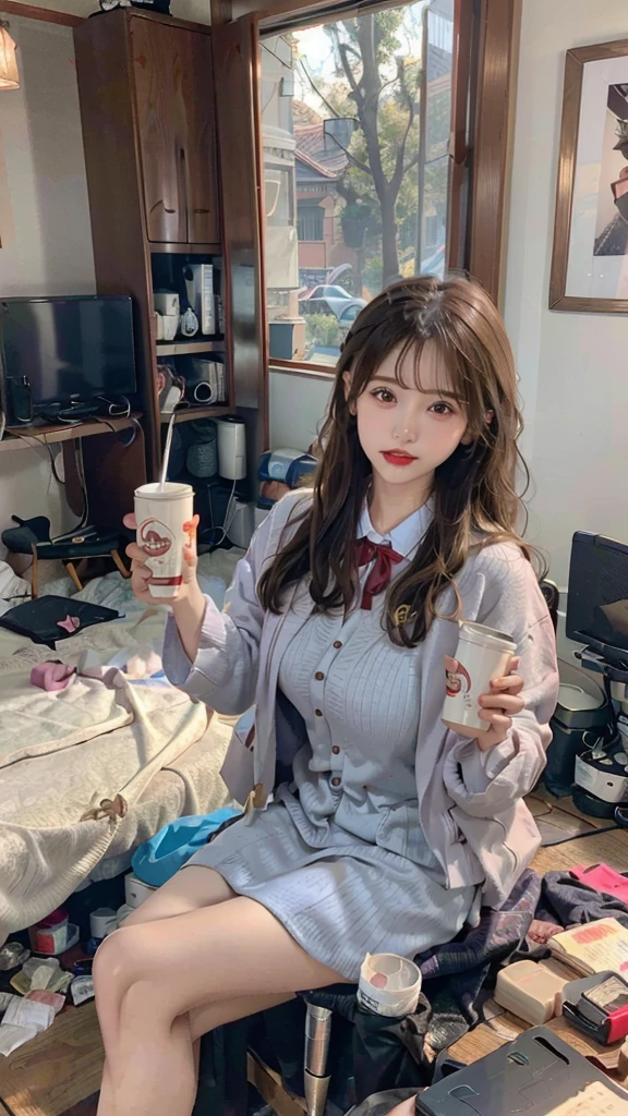 (SFW:1.8, highest quality、highest quality、masterpiece、Ultra-high resolution, 8k, RAW Photos, Realistic: 1.4), (Safe and secure、everyone、safety sensor、Absolutely safe, safety)
From feet to head、One Girl, the body is slim、Oval Face, pore, (Colored contact lenses、Lip gloss, Long eyelashes), ((Jirai Girl, Jirai Type Makeup:1.3))、(Mega size super big breasts:1.5),Long black hair, (Oily skin, Glowing Skin), (Perfect Fingers、accessories),
(Little devil smile face、Sexy smile expression:0.8, Open your mouth、Seducing girl),
(Sexy pose, Late Night:1.5、Dark Room:1.5, Dim lighting:1.5)、
(Casual Office Lady Fashion:1.3、White shirt),
Drinking canned beer、Japanese can of beer in hand、(((Messy room、The discarded jacket、Rubbish bag、rubbish、A lot of rubbish:1.5, Dirty room、A room full of rubbish)))、(Apartment Bed Room:1.5,)、Sit on a chair、(Drinking at home、pov:1.8)