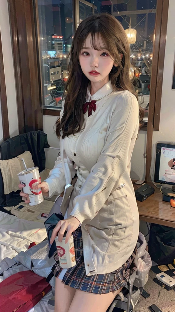 (SFW:1.8, highest quality、highest quality、masterpiece、Ultra-high resolution, 8k, RAW Photos, Realistic: 1.4), (Safe and secure、everyone、safety sensor、Absolutely safe, safety)
From feet to head、One Girl, the body is slim、Oval Face, pore, (Colored contact lenses、Lip gloss, Long eyelashes), ((Jirai Girl, Jirai Type Makeup:1.3))、(Mega size super big breasts:1.5),Long black hair, (Oily skin, Glowing Skin), (Perfect Fingers、accessories),
(Little devil smile face、Sexy smile expression:0.8, Open your mouth、Seducing girl),
(Sexy pose, Late Night:1.5、Dark Room:1.5, Dim lighting:1.5)、
(Casual Office Lady Fashion:1.3、White shirt),
Drinking canned beer、Japanese can of beer in hand、(((Messy room、The discarded jacket、Rubbish bag、rubbish、A lot of rubbish:1.5, Dirty room、A room full of rubbish)))、(Apartment Bed Room:1.5,)、Sit on a chair、(Drinking at home、pov:1.8)