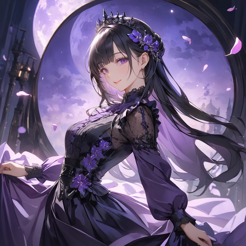 (transparent blue theme art),(top-quality),(masterpiece),(medium shot:1.5),((glowing)),((arms behind side)),Silky to the touch,Hyper Detail,(1 girl),(solo),Delicately drawn face,girl with a pretty face,beautiful detailed transparent purple eyes,beautiful detailed black dress with delicate purple lace,beautiful detailed dress with ruffles,((long skirt with ruffles)),((Long sleeve costume)),(Beautiful silky black hair:1.3),pale skin,(From the side),(glancing sideways),In the fantastic beauty of the purple moon light, elegant gothic princess, A gentle light spreads over the tranquil surroundings, Delicate purple petals blend into intricate patterns,The background is soft and blurry,The purple petals are soft, Magical colors and atmosphere,film lighting,glowing purple,seductive smile