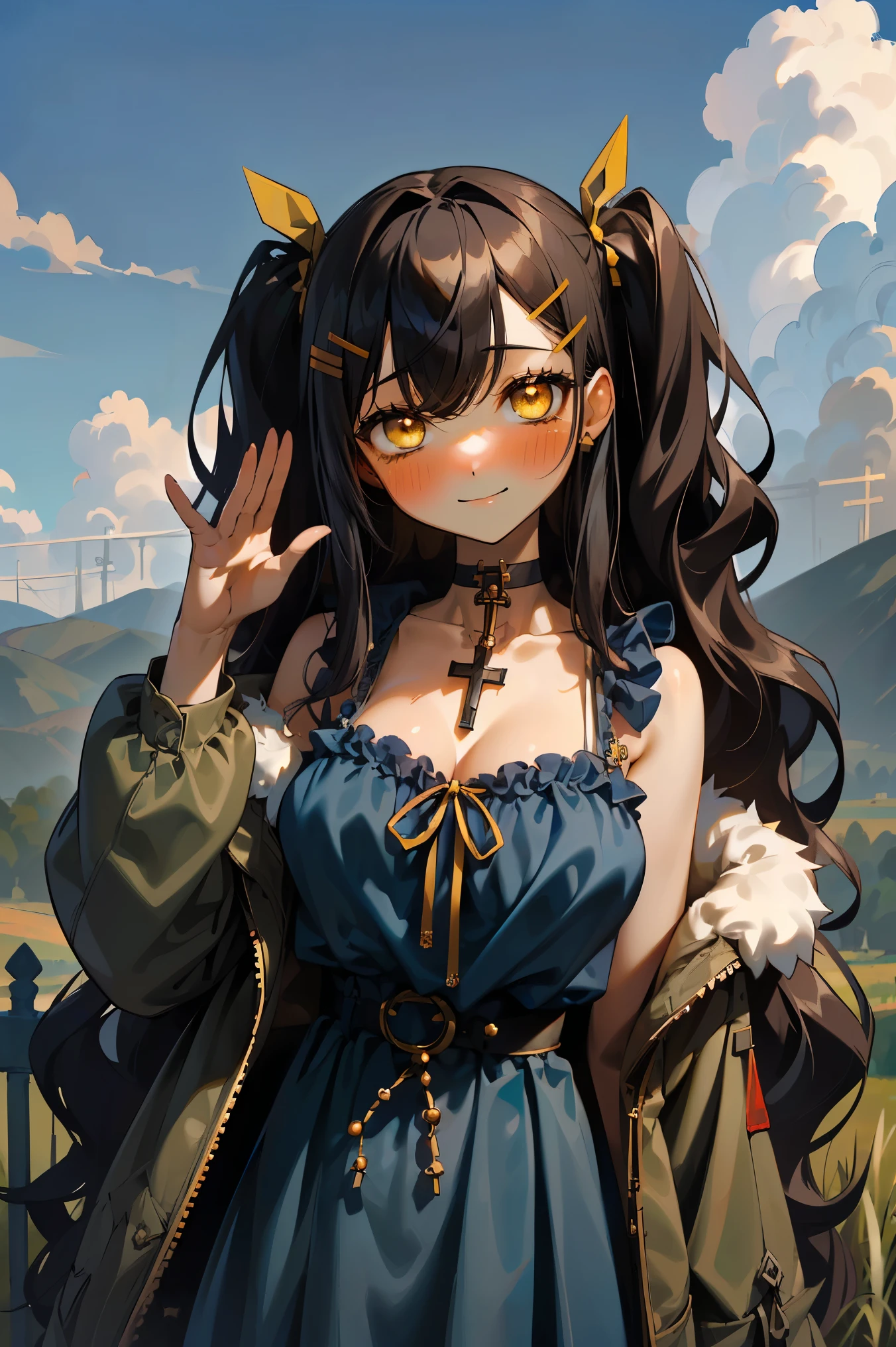 (masterpiece:1.2), (high quality:1.2), girls with((1girl, solo, black hair, yellow eyes, (wavy long hair, one side up, hairclips:1.3), blush, breasts, choker, cleavage, coat, cowboy shot, blue lace dress, camisole, ribbon waist belt, black ribbon belt, red bow, red ribbon, neck ribbon, collar, collarbone, rosary, rosary choker, cross, fur, fur trim, parka, khaki hoodie, green hoodie, khaki jacket, hood down, hooded coat, hooded jacket, hoodie, jacket, large breasts, long sleeves, medium breasts, open clothes, open coat,open hoodie, sleeveless, winter clothes, zipper, cleavage, upper body, hand up, waving, palm)), background with((architecture, blue sky, bush, castle, village, no humans, cloud, cloudy sky, day, field, garden, grass, hill, house, lamppost, landscape, mountain, mountainous horizon, nature, no humans, outdoors, scenery, shrine, sky))