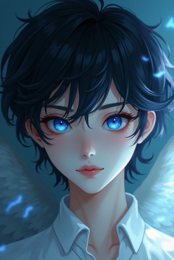 Create a handsome boy, with the beauty of a fallen angel, 2 with fair skin, blue eyes and extremely dark hair (blackw)
