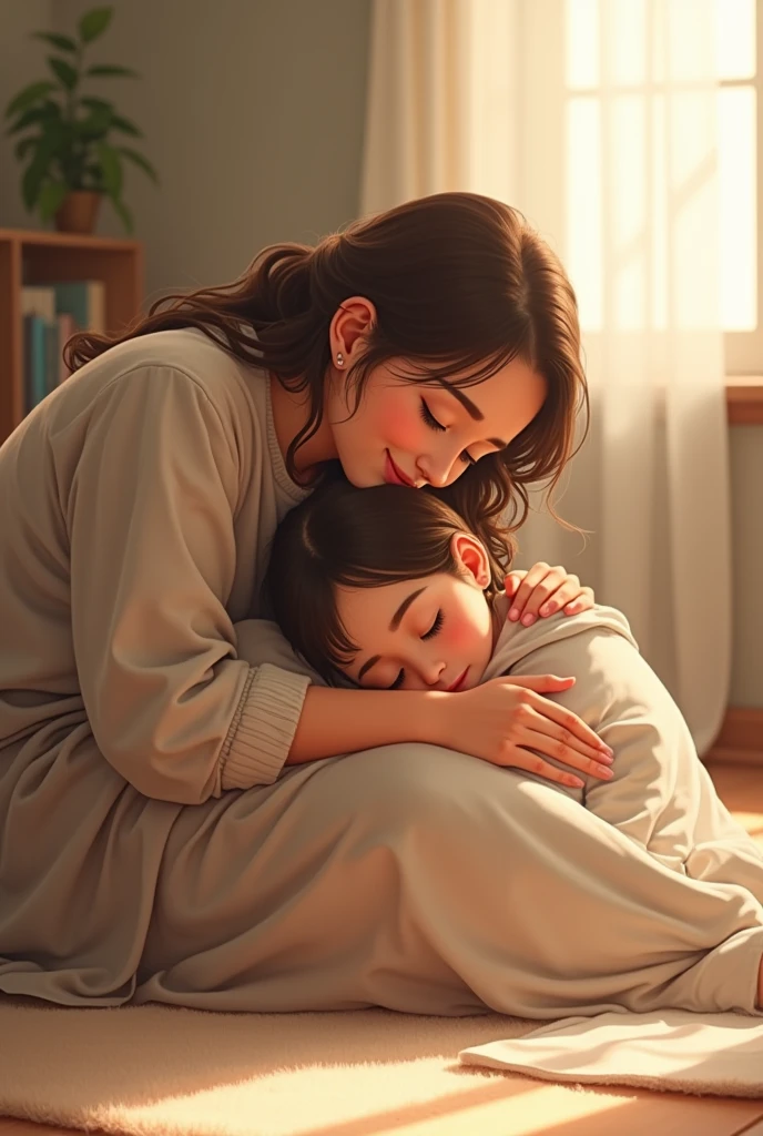 You can create the following image of a person hugging another person, one is sleeping, and the other watches her happily, They are both on the floor