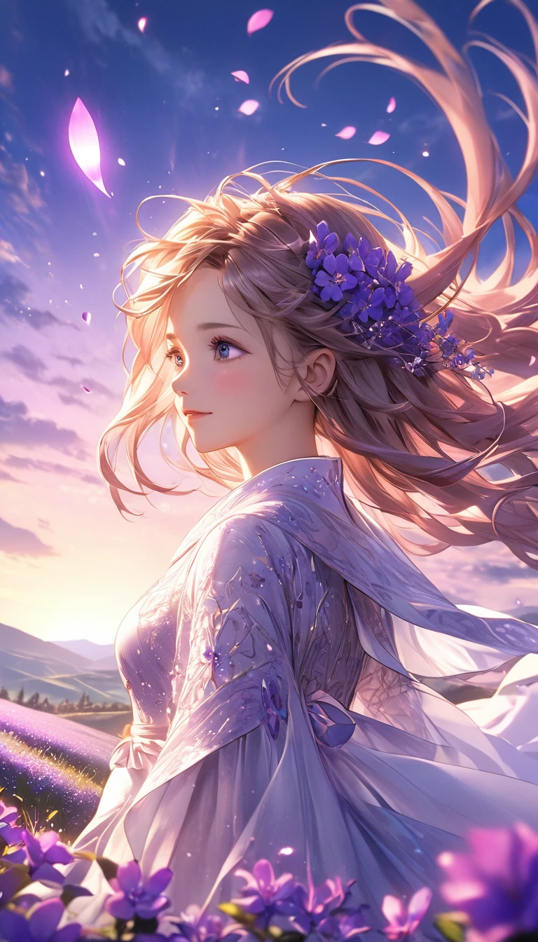 3D anime art, young woman on a hill covered in luminescent purple flowers, wind blowing through her hair, petals floating around, magical twilight setting, intricate details, glowing elements, vibrant and serene, high resolution