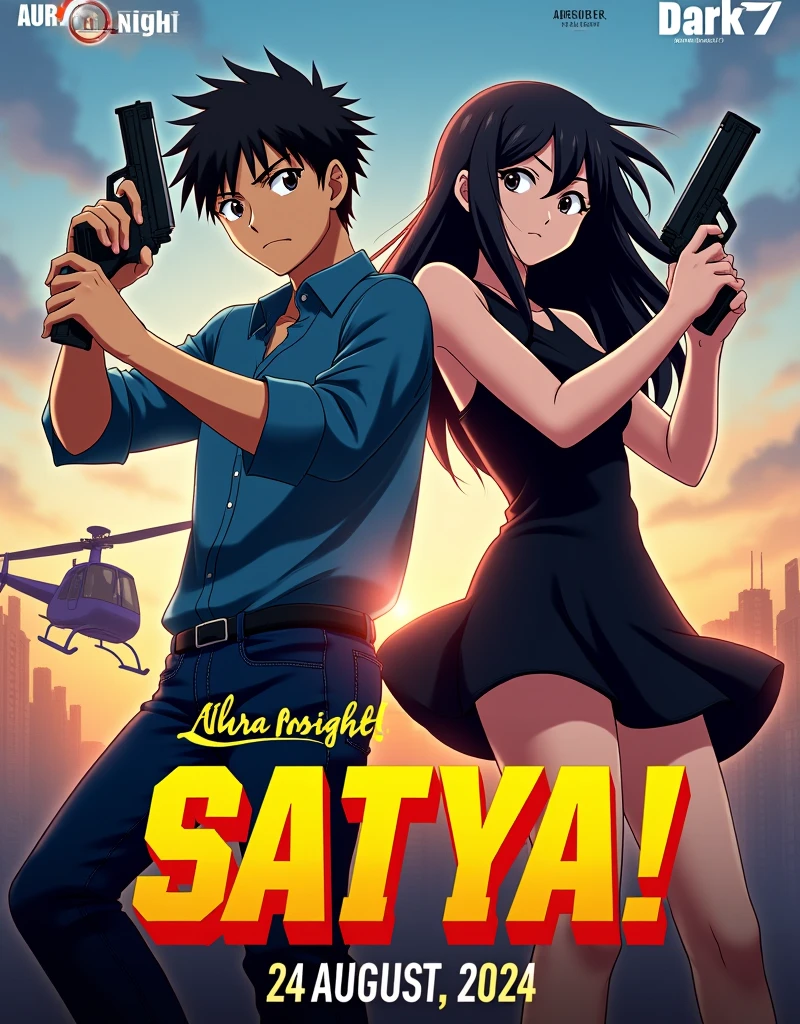 CREATE A ANIME STYLE MOVIE POSTER. Movie poster with a dynamic and action-packed style. The layout features two central figures, a man and a woman, standing closely together. The man has a fair skin, and short, styled black hair, wearing a blue shirt with rolled-up sleeves and jeans, holding a gun in his right hand. The woman has long, wavy dark hair, fair skin, and is dressed in a black, sleeveless dress with a short hemline, also holding a gun in her left hand. Both have intense facial expressions. The background includes a helicopter and a cityscape, suggesting an action setting. The title 'SATYA!' is prominently displayed in bold, yellow and red letters with a slight tilt, positioned at the bottom left. Additional text includes 'AURA INSIGHT' in yellow, 'PRESENT BY DARK7 ' in white, and the release date '24 AUGUST 2024' in large, white letters at the bottom center. The overall color scheme is vibrant, with a mix of warm and cool tones.