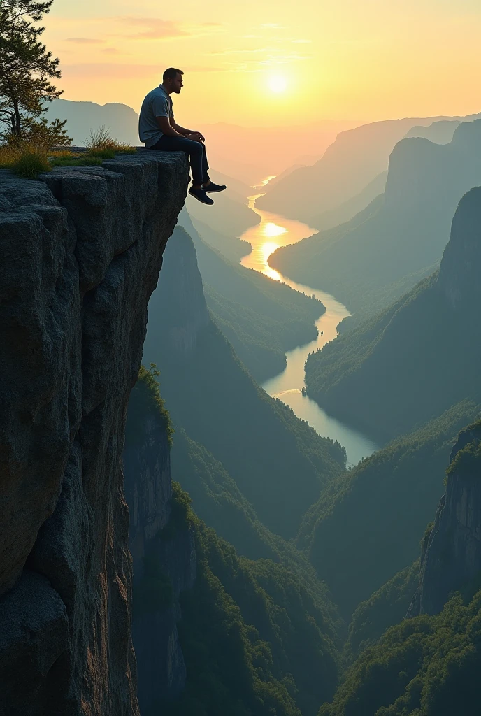 A man sitting at the end of a cliff looking at a beautiful natural landscape