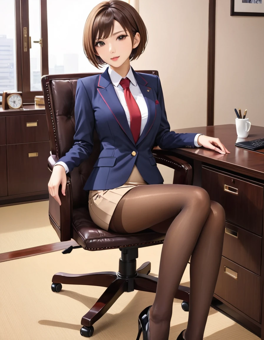 (8k, RAW photo, 1 girl, high heels, ultra high resolution, best quality, masterpiece: 1.2), (realistic illustration), (highly detailed CG Unity 8k wallpaper), ridiculous,lace panties,bow,sitting,panty-shot, spread legs,skirt, red panties,21 years old,,glasses,small,beautiful face,full body,dark expression、bright black eyes,anger, thin, Slender, slender body, black medium hair tilted head, realistic, cute little face, bob cut, brown eyes, small eyes, skirt, suit, office, full body, nogizaka Idol, actress, Japan Idol