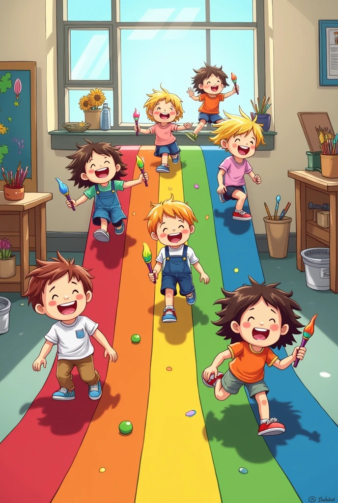 Easy drawing of children sliding down a rainbow with paintbrushes in their hands and art materials behind them showing a school