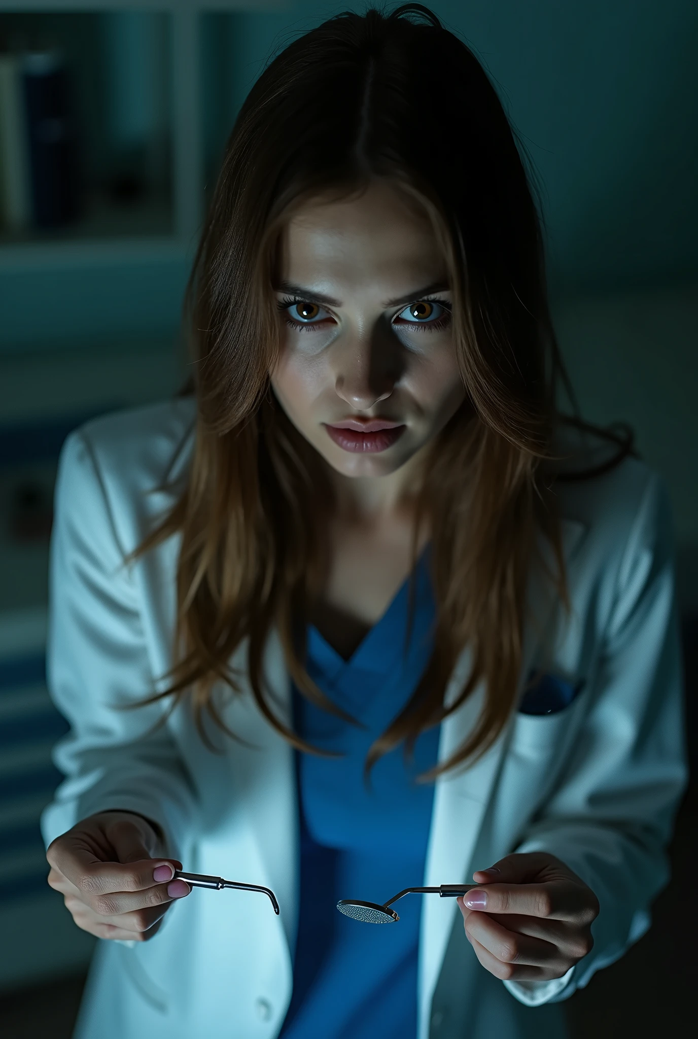 Female, brown hair, wearing orthodontic clothes , wearing braces. wearing braces. Looking down at you from a low angle almost as if examining you. dark background. Doctor attire. Holding scalpel and small mouth mirror. Wearing gloves. Wears braces. Long brown hair over shoulders. dark menacing black lighting. Dentist, scary dentist, dark theme, wearing a white suit, wearing blue dentist scrubs, blur around the edges of the image, highest quality, highres, masterpiece
